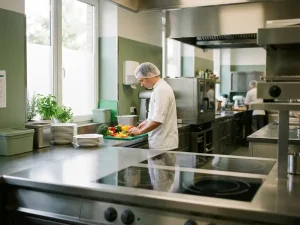 Chef in wit uniform bereidt verse groenten in professionele zorgkeuken met roestvrijstalen werkbladen en inductiekookplaten.