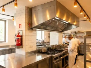 Professionele zorgkeuken met roestvrijstalen werkbladen, commercieel gasfornuis, brandblussysteem en gemonteerde brandblusser op witte betegelde muur.