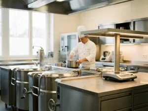 Professionele roestvrijstalen ziekenhuiskeuken met kookketels, moderne apparatuur en een chef-kok op de achtergrond.