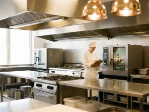 Chef in wit uniform bekijkt klembord in professionele roestvrijstalen zorgkeuken met commerciële apparatuur en warme verlichting.