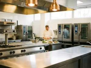 Professionele roestvrijstalen keuken in een zorginstelling met glanzende werkbladen en een kok in wit uniform.