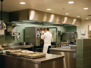 Chef in witte uniform bedient een combi-steamer in een professionele zorgkeuken met roestvrijstalen werkbladen.
